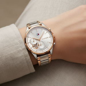 Close up shot of Tommy Hilfiger 1782415 watch on wrist showing the exposed gear window and silver dial