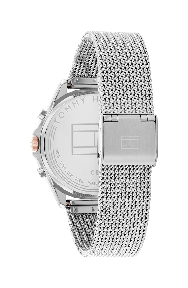 Left side perspective of the Tommy Hilfiger 1782416 silver dial and mesh strap