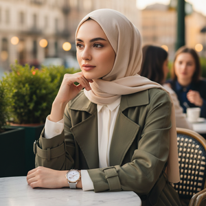 Female model wearing Tommy Hilfiger 1782416 silver mesh watch with a stylish modern outfit