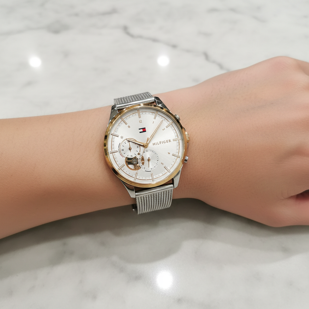 Close up shot of Tommy Hilfiger 1782416 watch on wrist showing the silver skeleton dial and rose gold accents