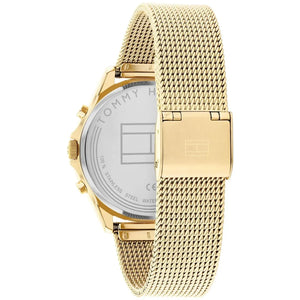 Left side perspective of the gold case and modern mesh strap of the Tommy Hilfiger Lori watch