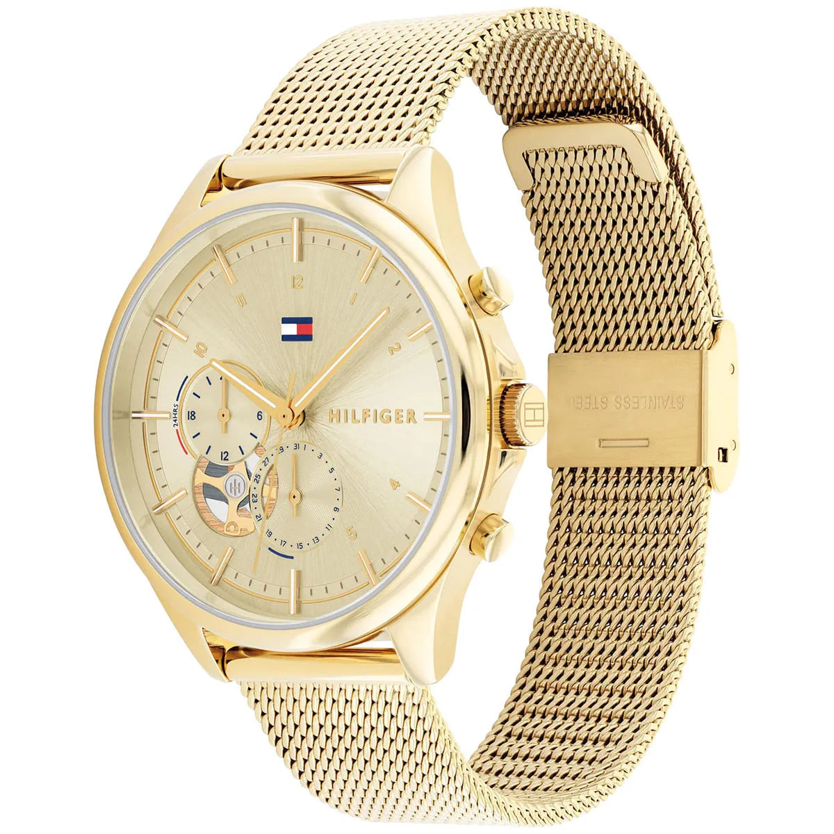 Angled view of Tommy Hilfiger 1782417 highlighting the slim gold-tone case and integrated mesh bracelet