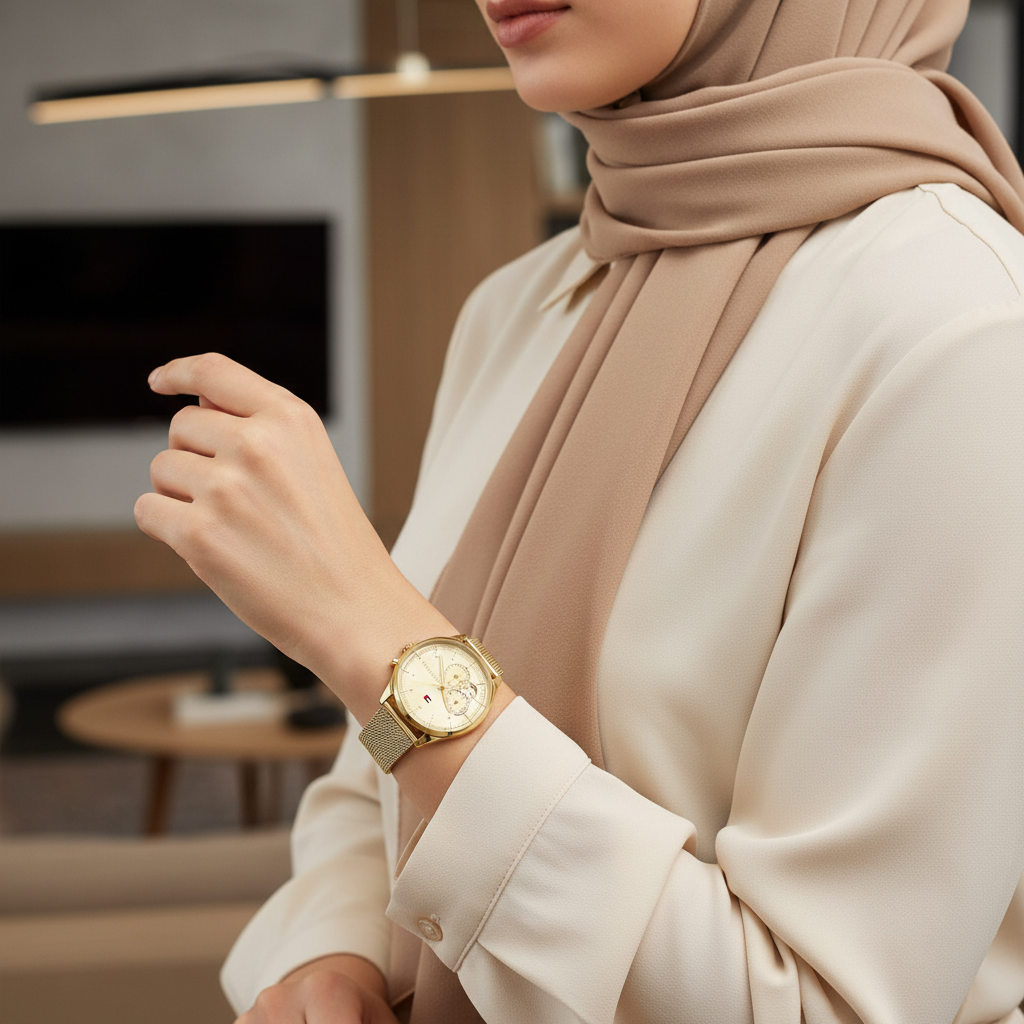 Woman wearing Tommy Hilfiger Lori gold mesh watch for a sophisticated, luxurious, and elegant professional look