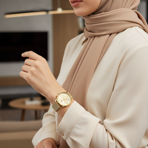 Woman wearing Tommy Hilfiger Lori gold mesh watch for a sophisticated, luxurious, and elegant professional look