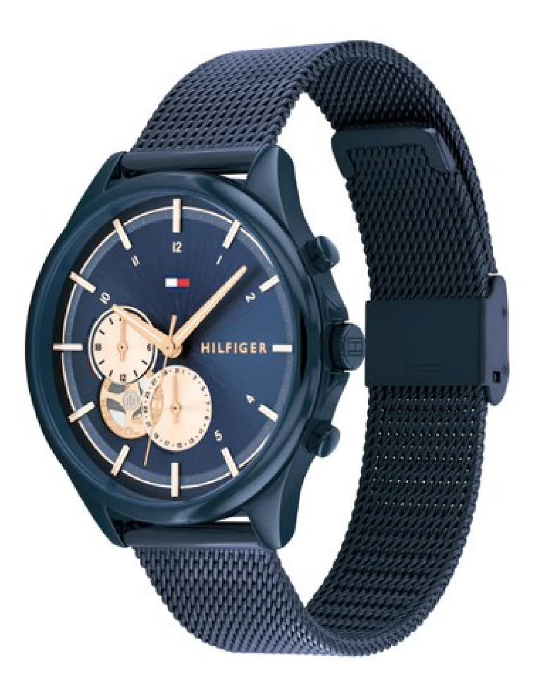 Left side perspective of the Tommy Hilfiger 1782418 blue dial and mesh strap