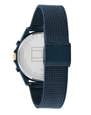 Angled view of the Tommy Hilfiger 1782418 highlighting the full navy blue ion-plated finish