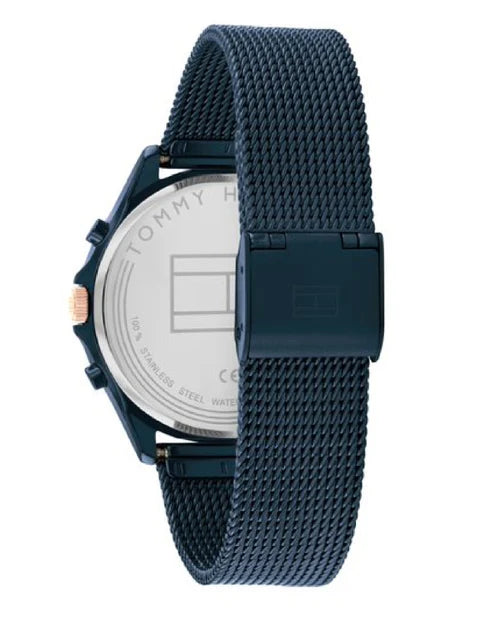 Angled view of the Tommy Hilfiger 1782418 highlighting the full navy blue ion-plated finish