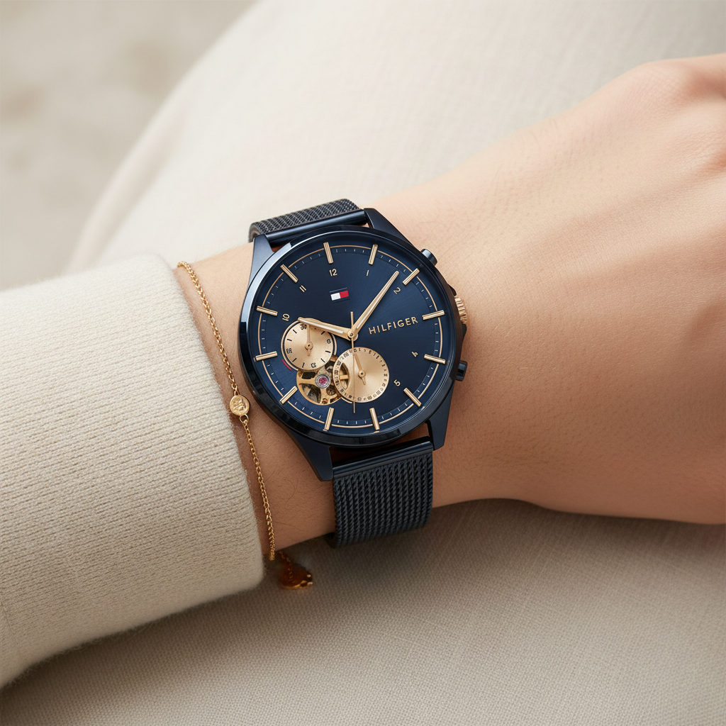 Close up shot of Tommy Hilfiger 1782418 watch on wrist showing the blue skeleton window and rose gold accents