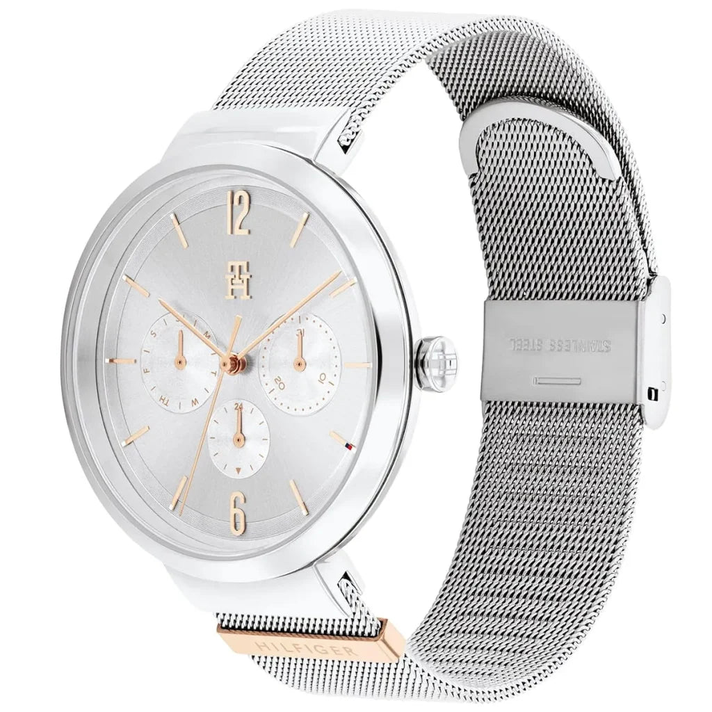 Angled view of the Tommy Hilfiger 1782537 highlighting the polished silver-tone case