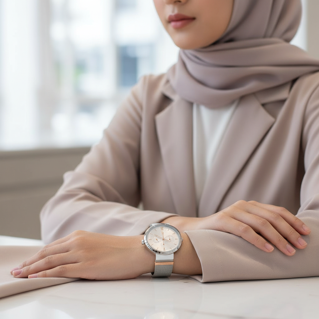 Female model wearing Tommy Hilfiger 1782537 silver watch with a modern stylish outfit