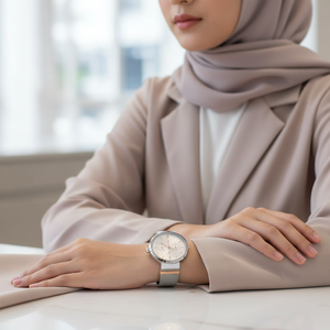 Female model wearing Tommy Hilfiger 1782537 silver watch with a modern stylish outfit