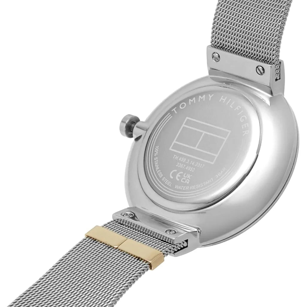 Side profile view of the slim 8mm silver case of the Tommy Hilfiger 1782537