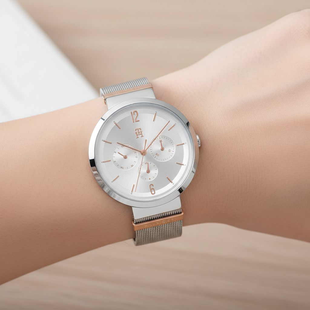 Close up shot of Tommy Hilfiger 1782537 watch on wrist showing the silver sunray dial and rose gold accents