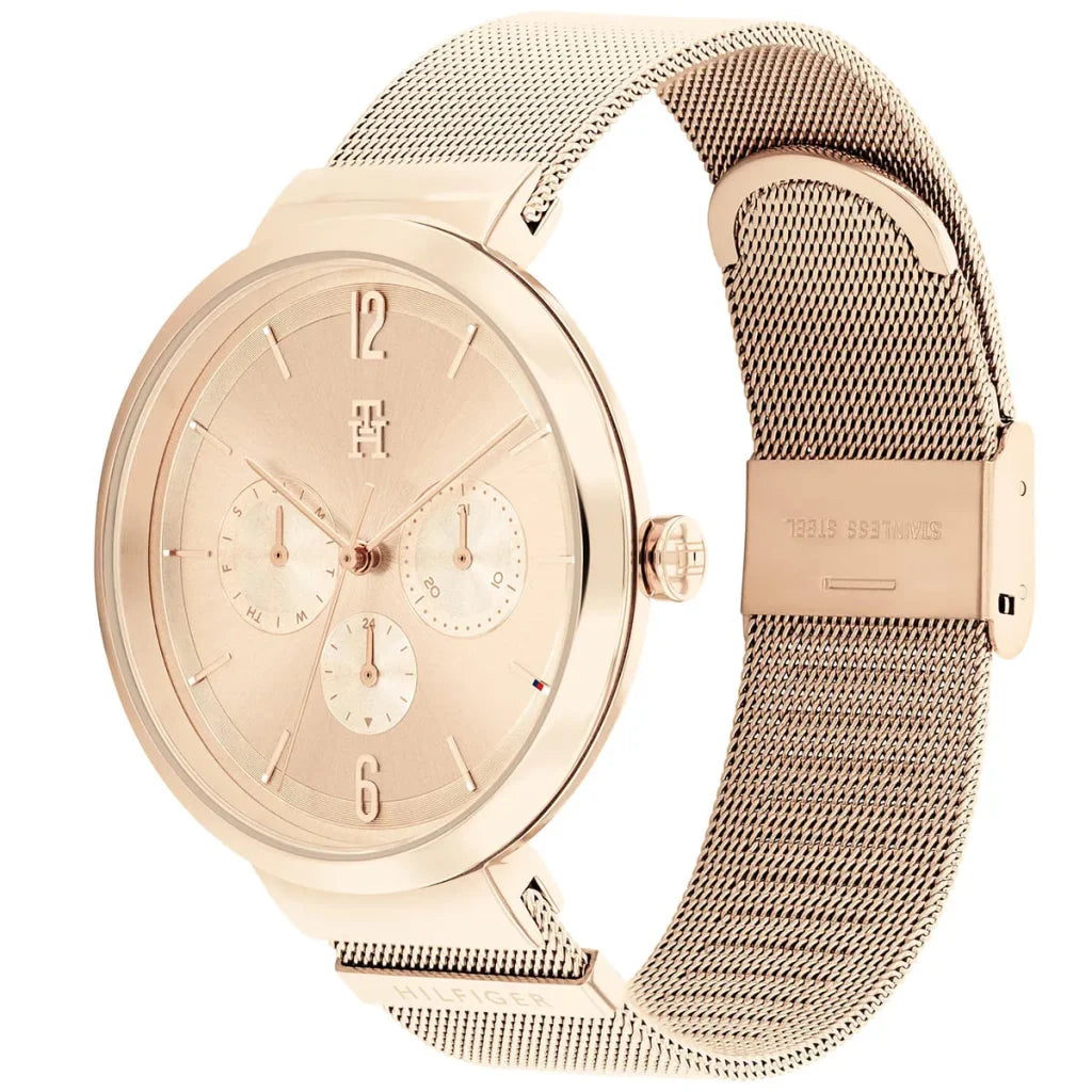 Angled view of the Tommy Hilfiger 1782538 highlighting the polished rose gold-tone case