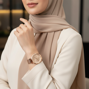 Female model wearing Tommy Hilfiger 1782538 rose gold watch with a sophisticated elegant outfit