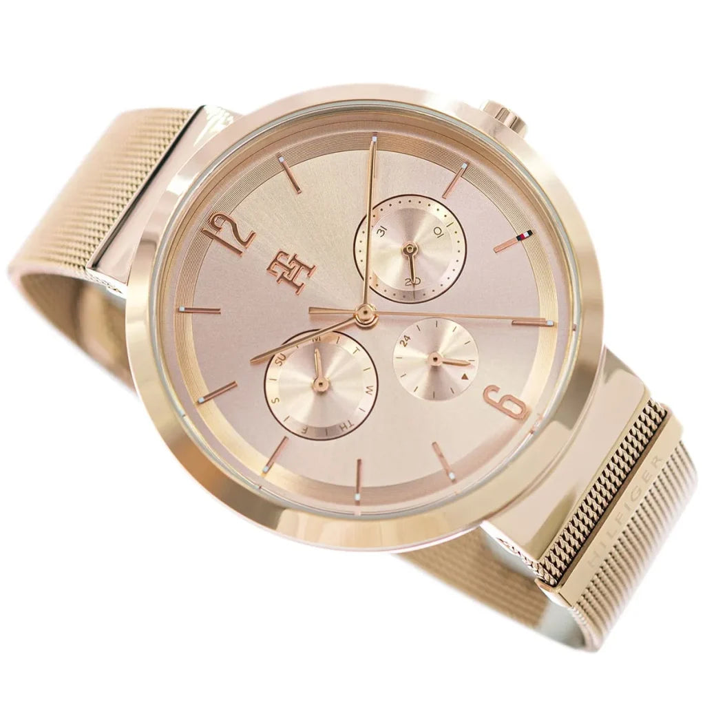 Side profile view of the slim 8mm rose gold case of the Tommy Hilfiger 1782538