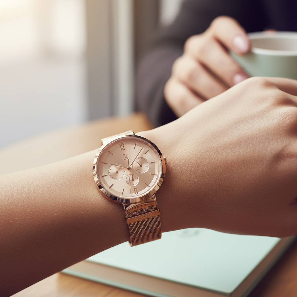 Close up shot of Tommy Hilfiger 1782538 watch on wrist showing the rose gold sunray dial
