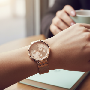 Close up shot of Tommy Hilfiger 1782538 watch on wrist showing the rose gold sunray dial
