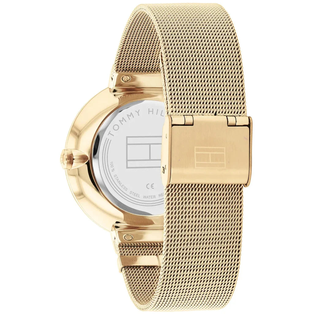 Left side perspective of the Tommy Hilfiger 1782539 gold dial and mesh strap