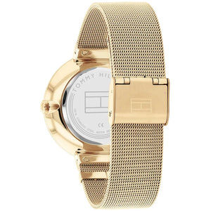 Left side perspective of the Tommy Hilfiger 1782539 gold dial and mesh strap