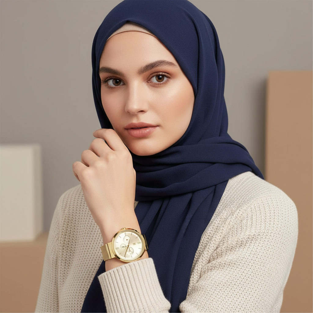 Female model wearing Tommy Hilfiger 1782539 gold watch with a glamorous elegant outfit