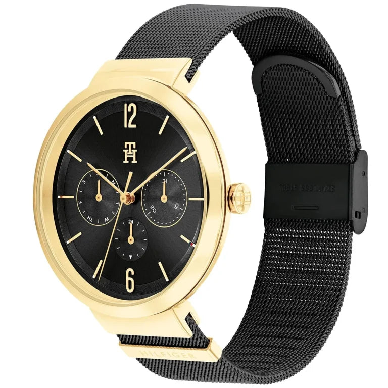 Angled view of the Tommy Hilfiger 1782540 highlighting the gold-tone stainless steel case