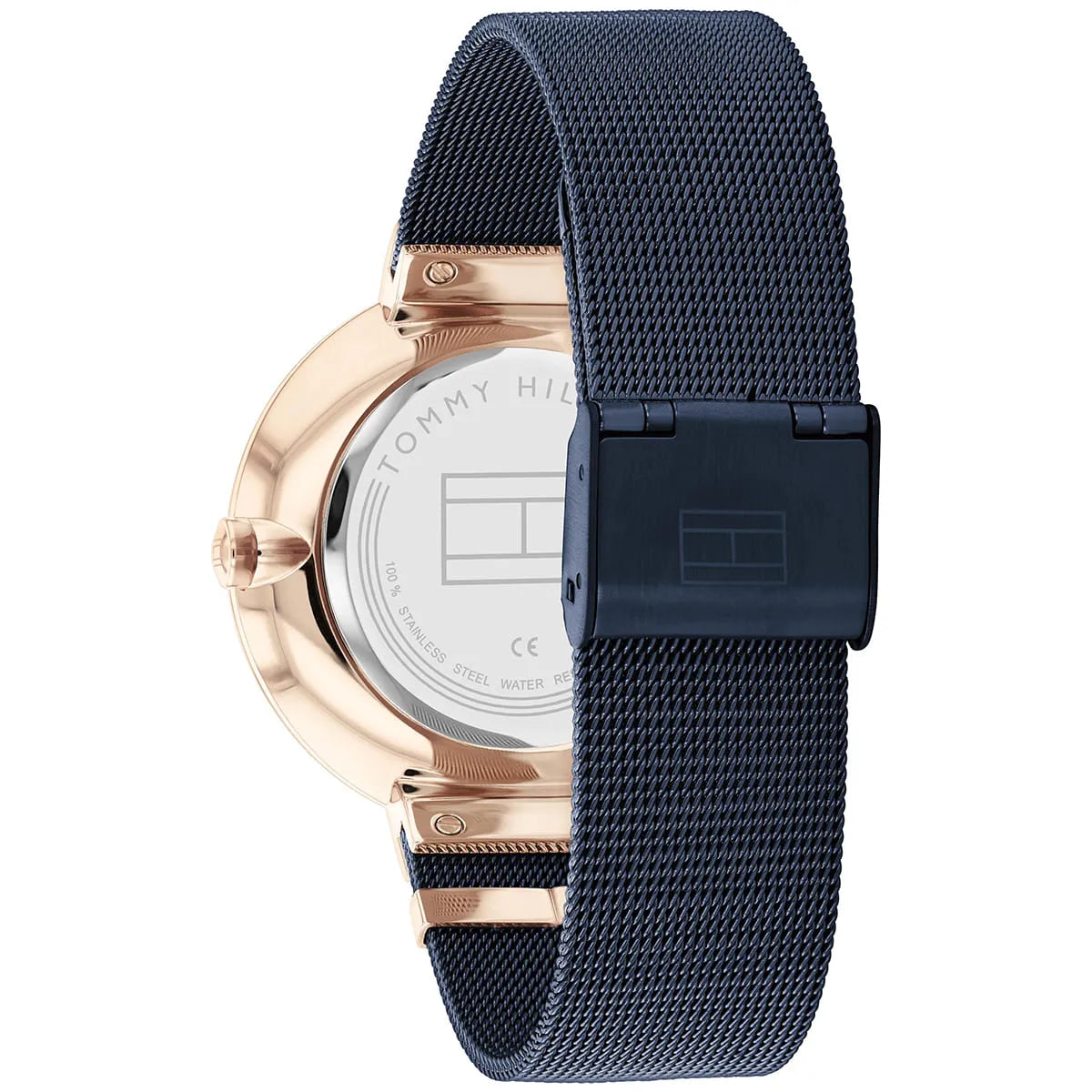 Left side perspective of the Tommy Hilfiger 1782541 blue dial and mesh strap