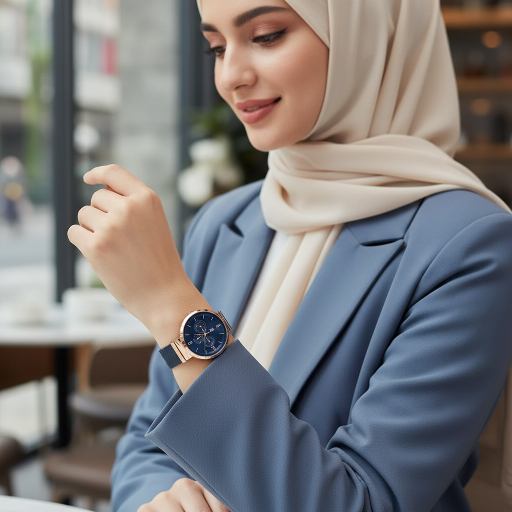 Female model wearing Tommy Hilfiger 1782541 blue mesh watch with a stylish modern outfit