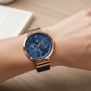 Close up shot of Tommy Hilfiger 1782541 watch on wrist showing the navy blue sunray dial