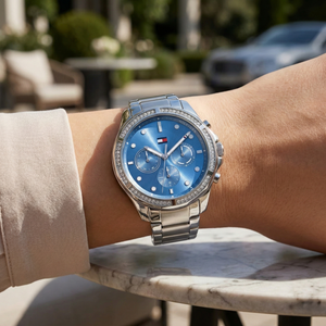 Close up shot of Tommy Hilfiger 1782569 on wrist showing the blue textured dial and silver hands