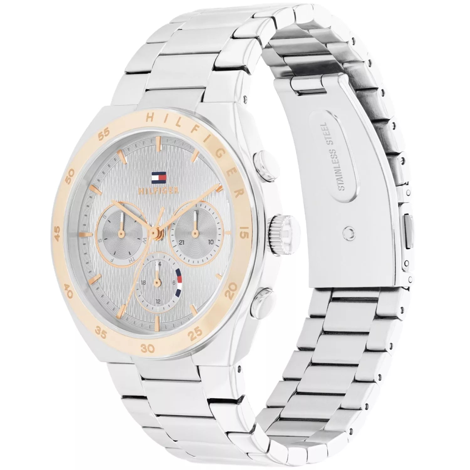 Left side perspective of the Tommy Hilfiger 1782573 wavy dial and two-tone bracelet links