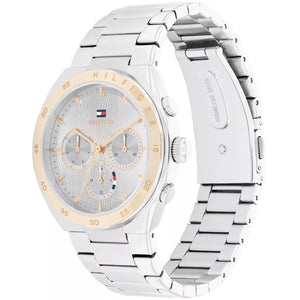 Left side perspective of the Tommy Hilfiger 1782573 wavy dial and two-tone bracelet links