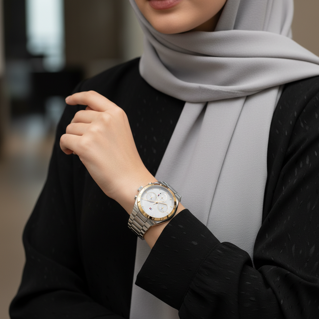 Female model wearing Tommy Hilfiger 1782573 two-tone watch with a sporty chic modern outfit