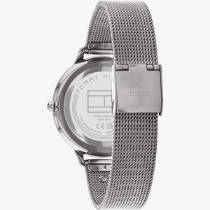 Left side perspective of the Tommy Hilfiger 1782587 gray dial and mesh strap detail