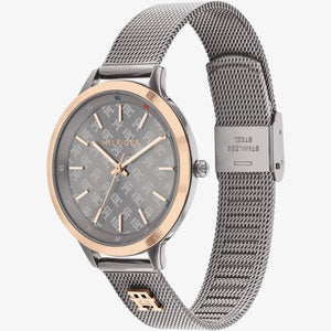 Angled view of the Tommy Hilfiger 1782587 highlighting the rose gold bezel and gunmetal case