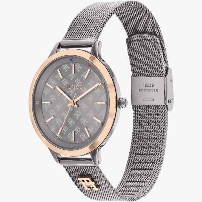 Angled view of the Tommy Hilfiger 1782587 highlighting the rose gold bezel and gunmetal case