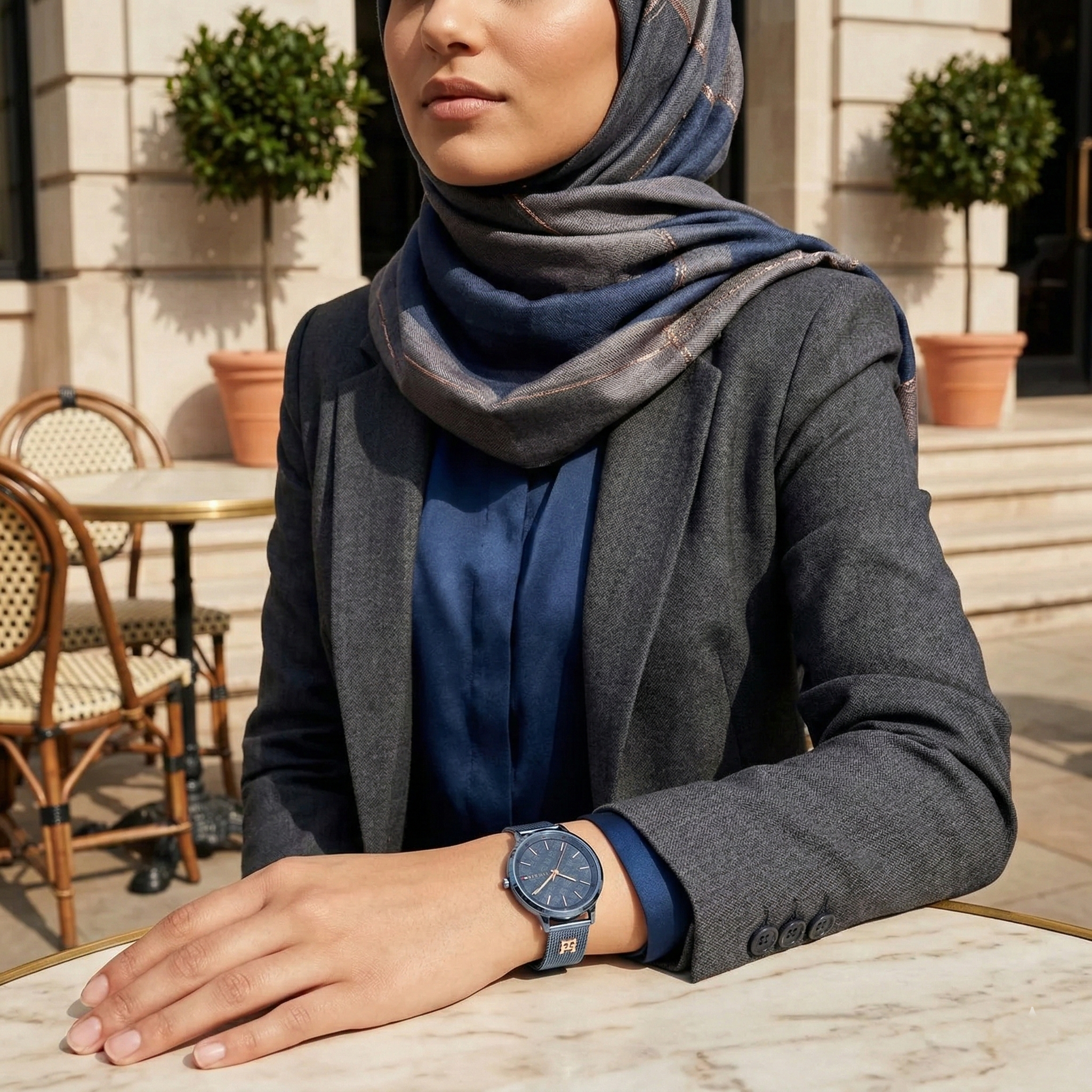 Woman wearing Tommy Hilfiger Iris slate blue mesh watch for a modern chic and sophisticated daily look
