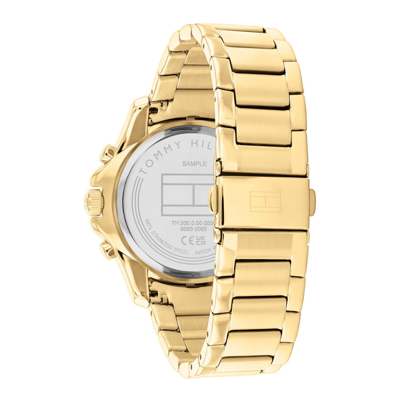 Gold-tone stainless steel push-button deployment clasp on the metal bracelet of the Tommy Hilfiger 1782614