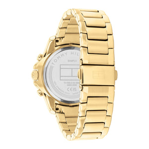 Gold-tone stainless steel push-button deployment clasp on the metal bracelet of the Tommy Hilfiger 1782614