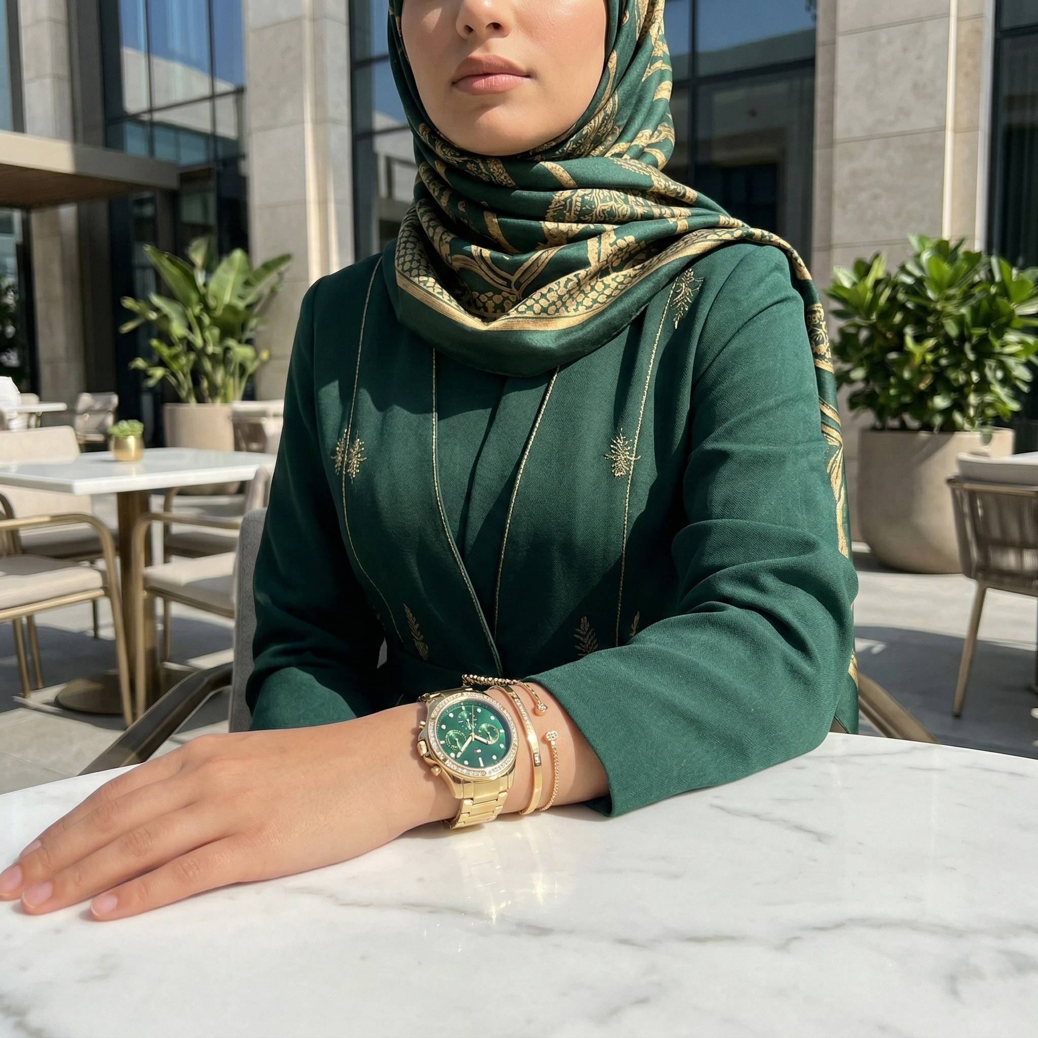 Woman wearing Tommy Hilfiger Ari gold and green watch for a luxurious evening and high-end professional look