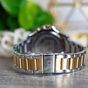 Left side perspective of the Tommy Hilfiger 1782615 silver dial and two-tone bracelet