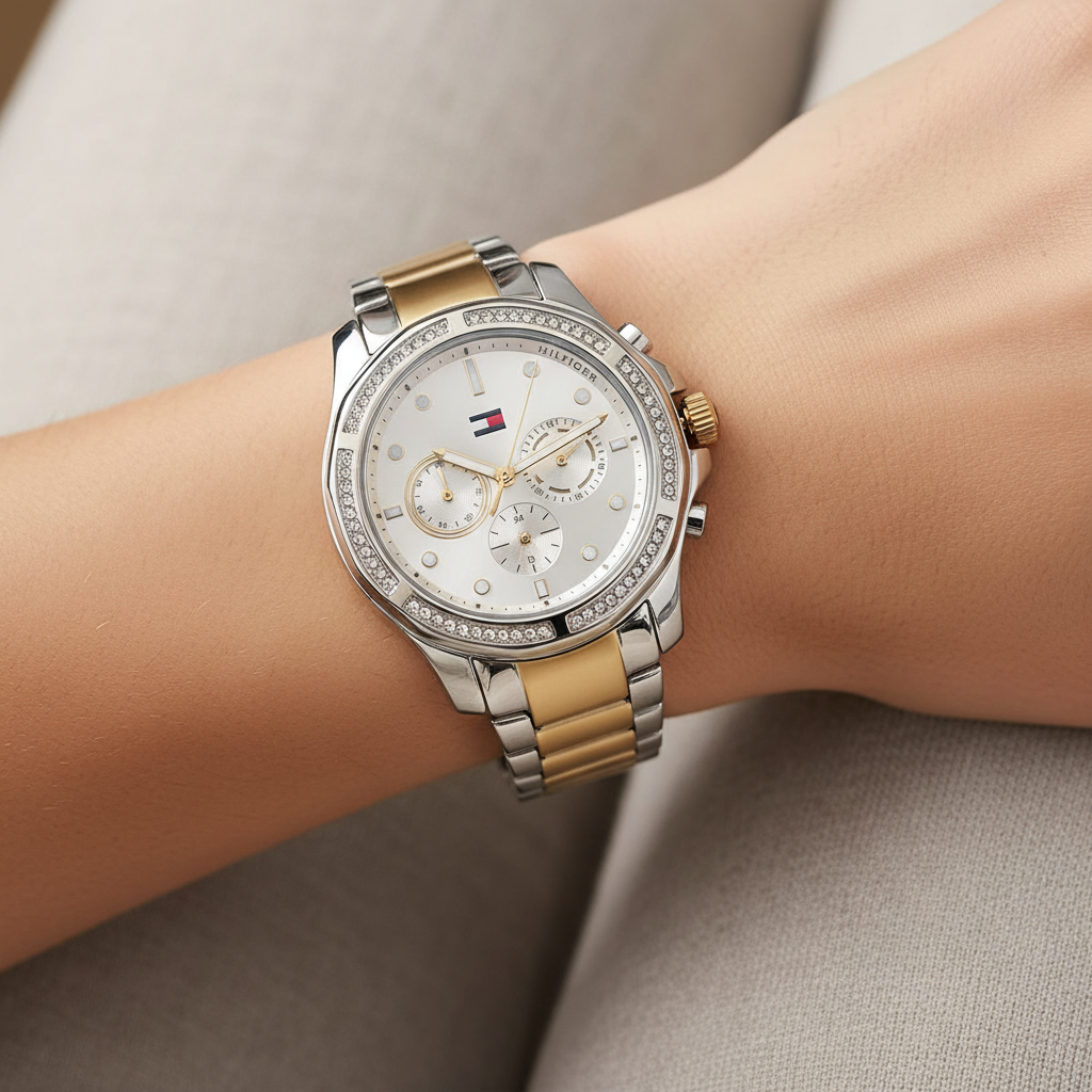 Close up shot of Tommy Hilfiger 1782615 watch on wrist showing the sparkling crystals and silver dial