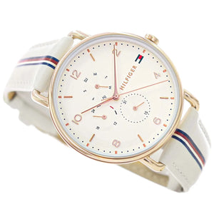 Left side perspective of the Tommy Hilfiger 1782659 beige dial and signature strap details