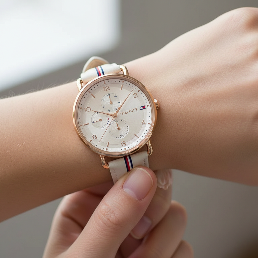 Close up shot of Tommy Hilfiger 1782659 watch on wrist showing the beige multifunction dial