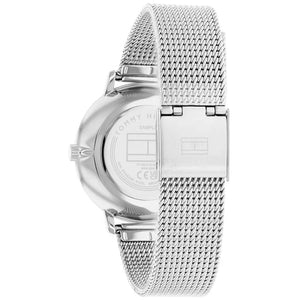 Left side perspective of the Tommy Hilfiger 1782667 white dial and silver mesh strap