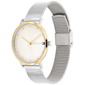 Angled view of the Tommy Hilfiger 1782667 highlighting the gold-tone bezel and silver-tone case