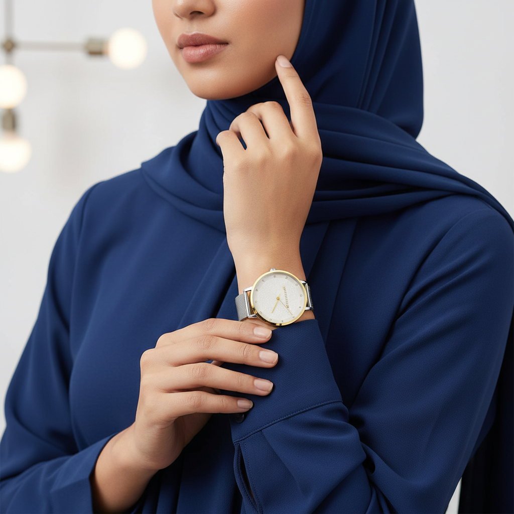 Female model wearing Tommy Hilfiger 1782667 silver gold watch with a sophisticated modern outfit