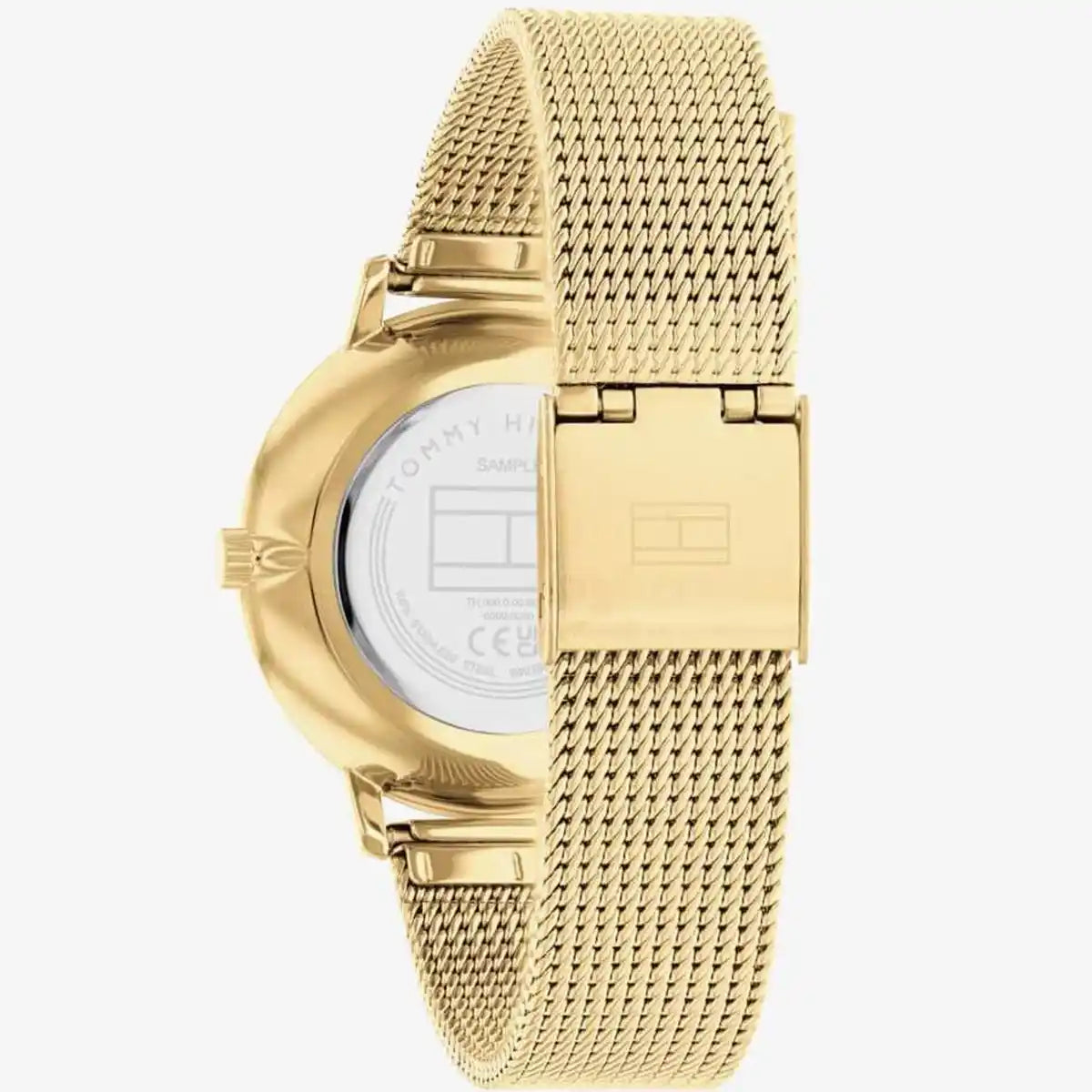 Left side perspective of the Tommy Hilfiger 1782668 green sunray dial and gold mesh strap