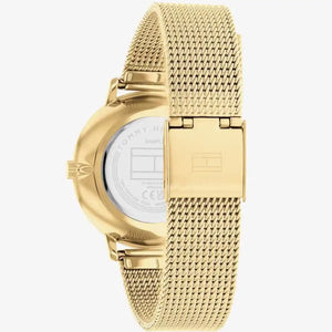 Left side perspective of the Tommy Hilfiger 1782668 green sunray dial and gold mesh strap