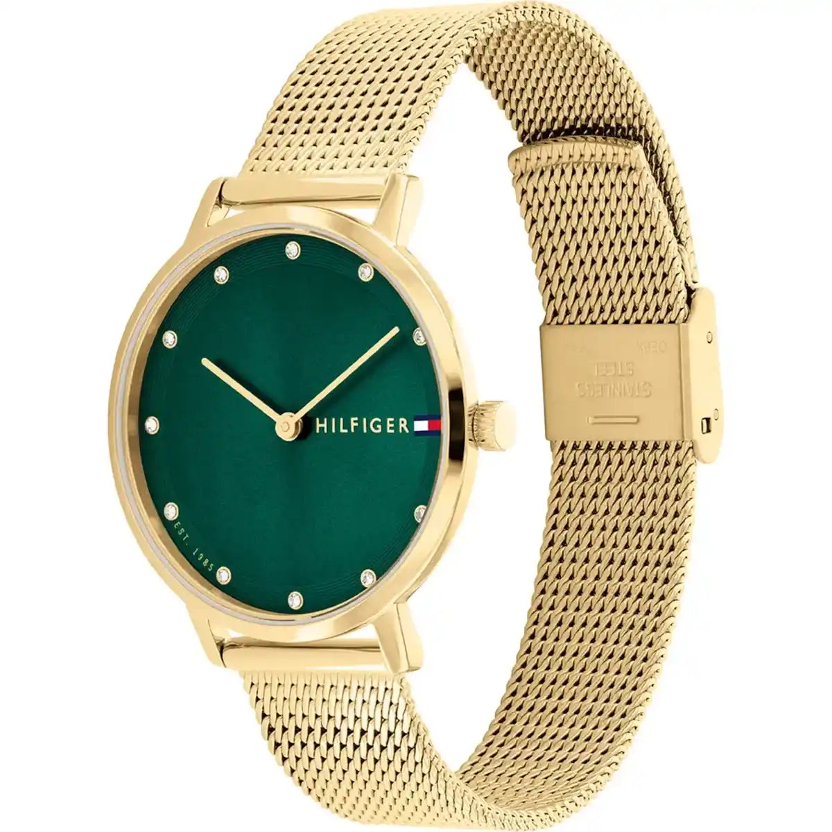 Angled view of the Tommy Hilfiger 1782668 highlighting the ultra-thin gold-tone case and green dial